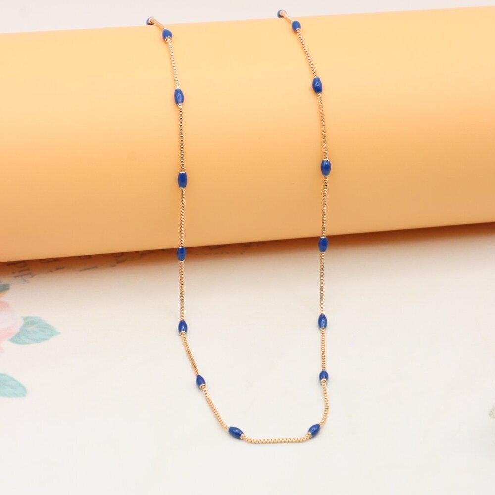 "Rose Gold Beaded Necklace with Blue Accents, Adjustable, XPNL0337